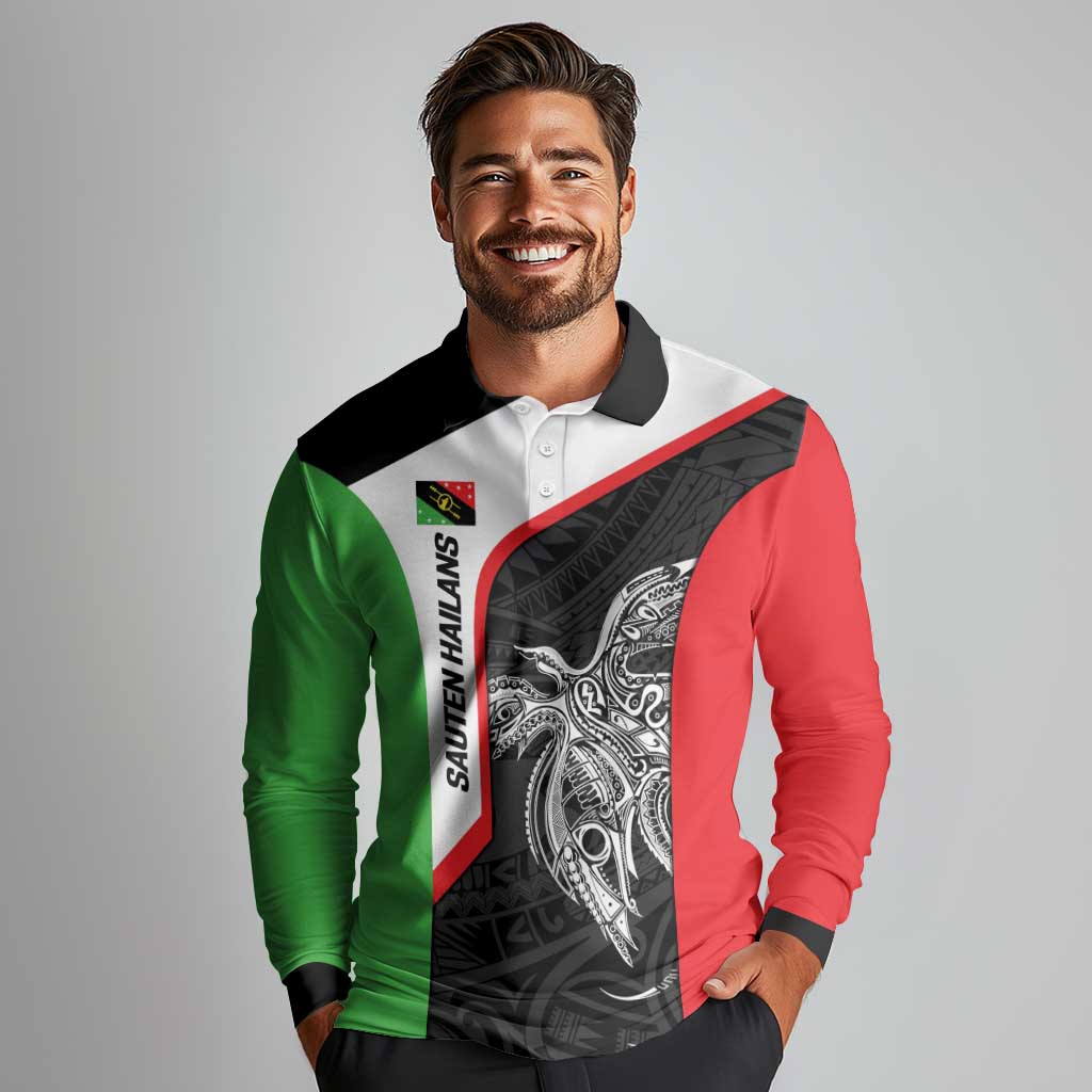 Personalised PNG Southern Highlands Province Long Sleeve Polo Shirt Bird of Paradise Tattoo Flag Motif - Polynesian Pride