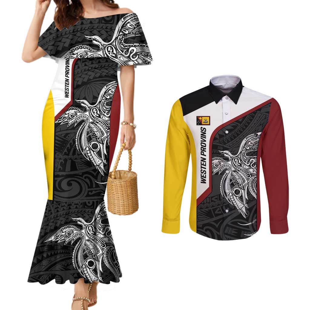 Personalised PNG Western Province Couples Matching Mermaid Dress and Long Sleeve Button Shirt Bird of Paradise Tattoo Flag Motif - Polynesian Pride