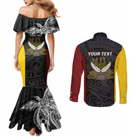 Personalised PNG Western Province Couples Matching Mermaid Dress and Long Sleeve Button Shirt Bird of Paradise Tattoo Flag Motif - Polynesian Pride