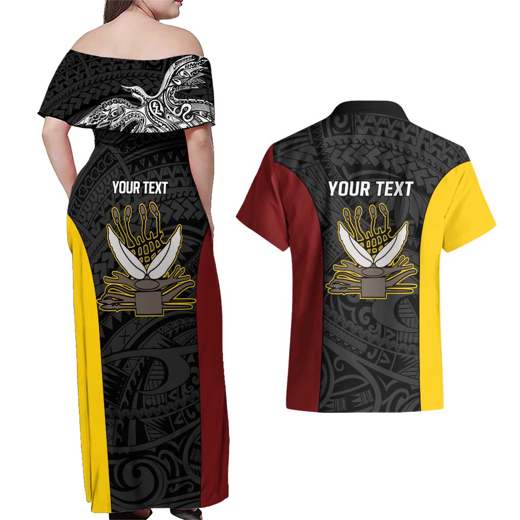 Personalised PNG Western Province Couples Matching Off Shoulder Maxi Dress and Hawaiian Shirt Bird of Paradise Tattoo Flag Motif - Polynesian Pride