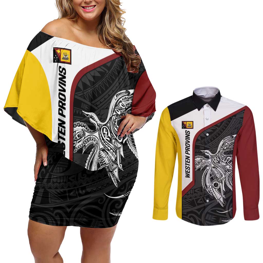Personalised PNG Western Province Couples Matching Off Shoulder Short Dress and Long Sleeve Button Shirt Bird of Paradise Tattoo Flag Motif - Polynesian Pride