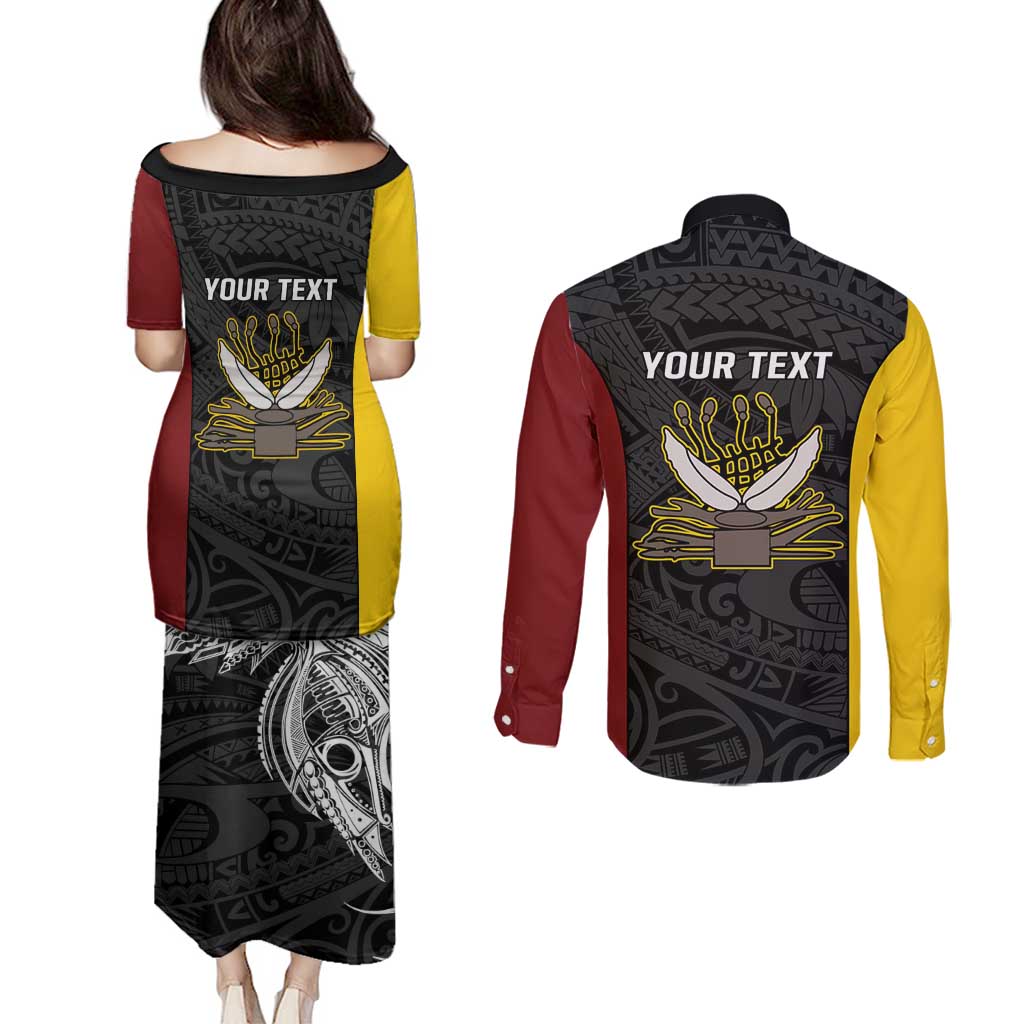 Personalised PNG Western Province Couples Matching Puletasi and Long Sleeve Button Shirt Bird of Paradise Tattoo Flag Motif - Polynesian Pride