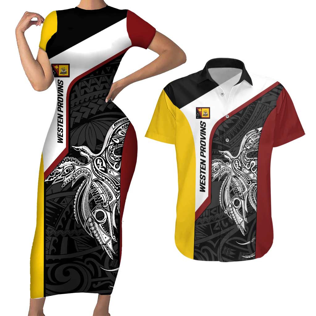 Personalised PNG Western Province Couples Matching Short Sleeve Bodycon Dress and Hawaiian Shirt Bird of Paradise Tattoo Flag Motif - Polynesian Pride