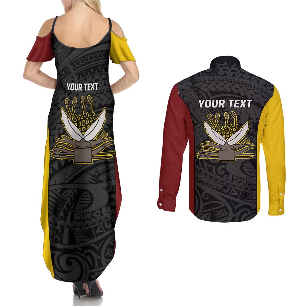 Personalised PNG Western Province Couples Matching Summer Maxi Dress and Long Sleeve Button Shirt Bird of Paradise Tattoo Flag Motif - Polynesian Pride