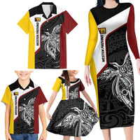 Personalised PNG Western Province Family Matching Long Sleeve Bodycon Dress and Hawaiian Shirt Bird of Paradise Tattoo Flag Motif - Polynesian Pride