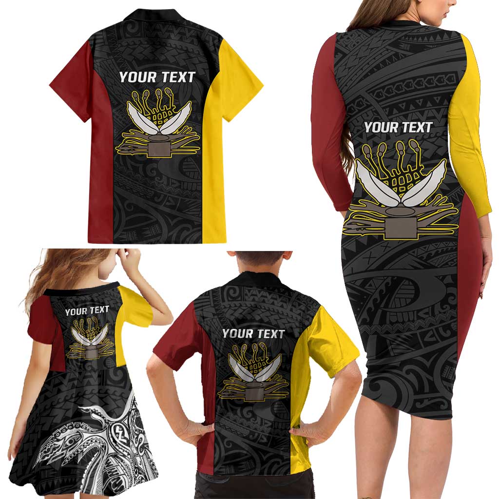 Personalised PNG Western Province Family Matching Long Sleeve Bodycon Dress and Hawaiian Shirt Bird of Paradise Tattoo Flag Motif - Polynesian Pride