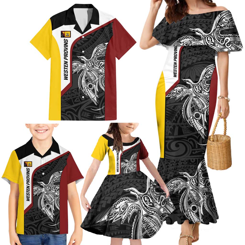 Personalised PNG Western Province Family Matching Mermaid Dress and Hawaiian Shirt Bird of Paradise Tattoo Flag Motif - Polynesian Pride
