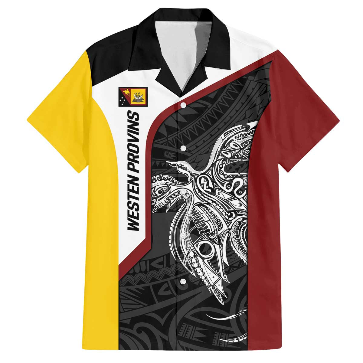 Personalised PNG Western Province Family Matching Off The Shoulder Long Sleeve Dress and Hawaiian Shirt Bird of Paradise Tattoo Flag Motif - Polynesian Pride