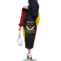 Personalised PNG Western Province Family Matching Off The Shoulder Long Sleeve Dress and Hawaiian Shirt Bird of Paradise Tattoo Flag Motif - Polynesian Pride