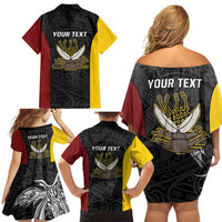 Personalised PNG Western Province Family Matching Off Shoulder Short Dress and Hawaiian Shirt Bird of Paradise Tattoo Flag Motif - Polynesian Pride