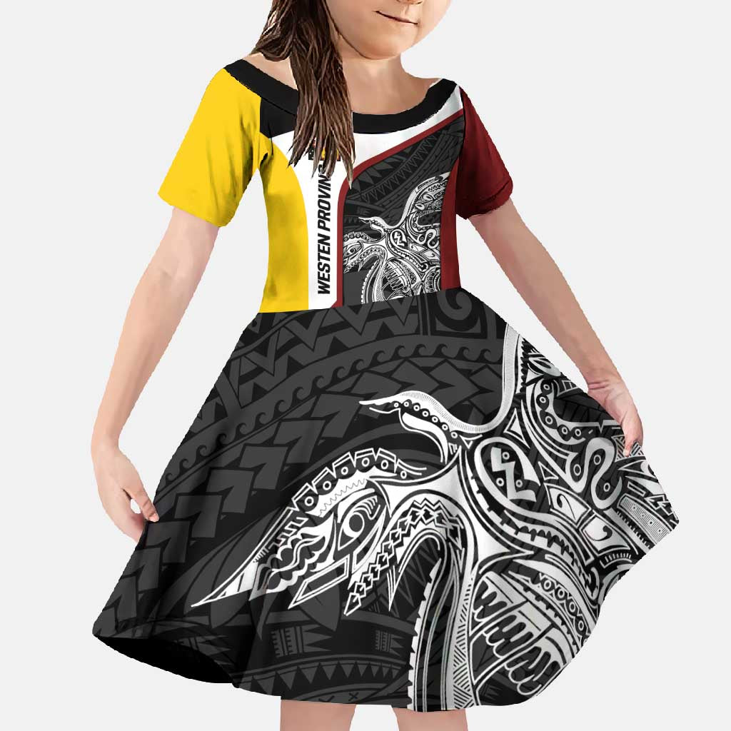 Personalised PNG Western Province Family Matching Short Sleeve Bodycon Dress and Hawaiian Shirt Bird of Paradise Tattoo Flag Motif - Polynesian Pride