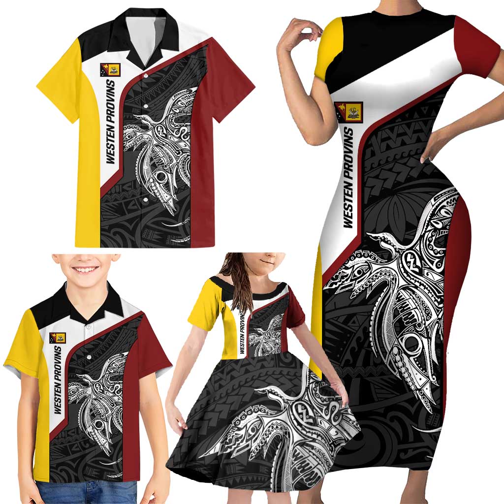 Personalised PNG Western Province Family Matching Short Sleeve Bodycon Dress and Hawaiian Shirt Bird of Paradise Tattoo Flag Motif - Polynesian Pride