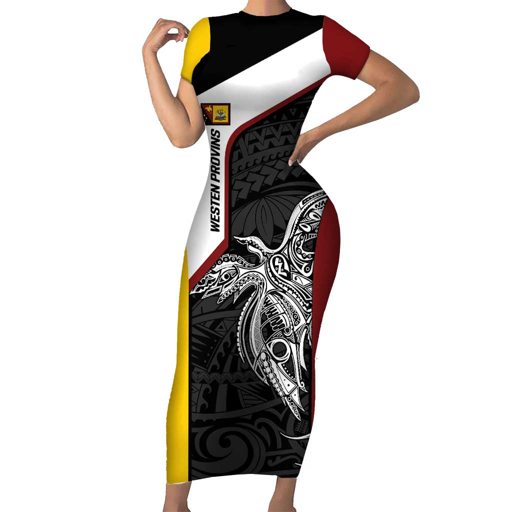 Personalised PNG Western Province Family Matching Short Sleeve Bodycon Dress and Hawaiian Shirt Bird of Paradise Tattoo Flag Motif - Polynesian Pride