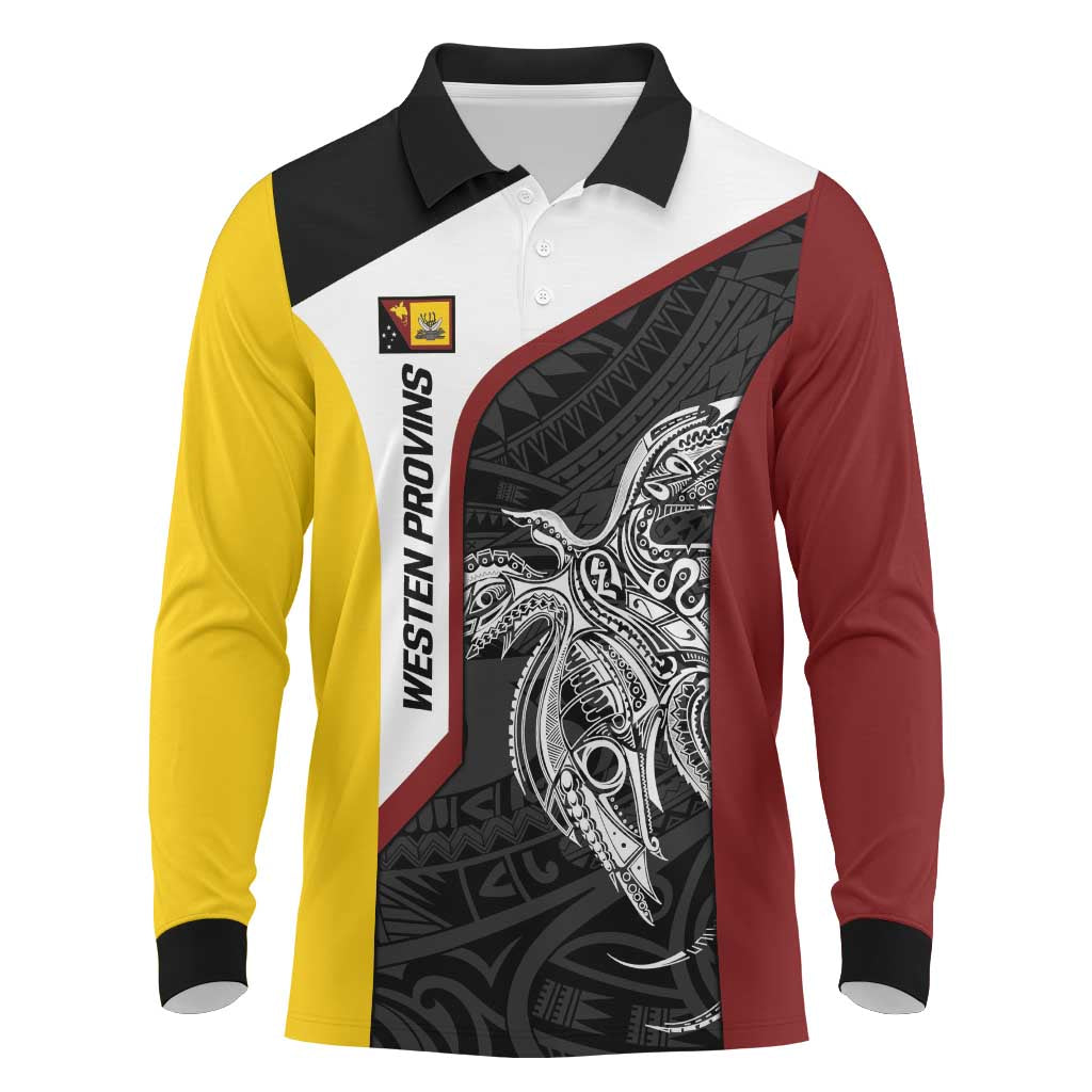 Personalised PNG Western Province Long Sleeve Polo Shirt Bird of Paradise Tattoo Flag Motif - Polynesian Pride