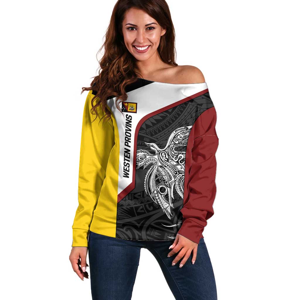 Personalised PNG Western Province Off Shoulder Sweater Bird of Paradise Tattoo Flag Motif - Polynesian Pride