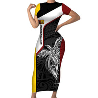 Personalised PNG Western Province Short Sleeve Bodycon Dress Bird of Paradise Tattoo Flag Motif - Polynesian Pride