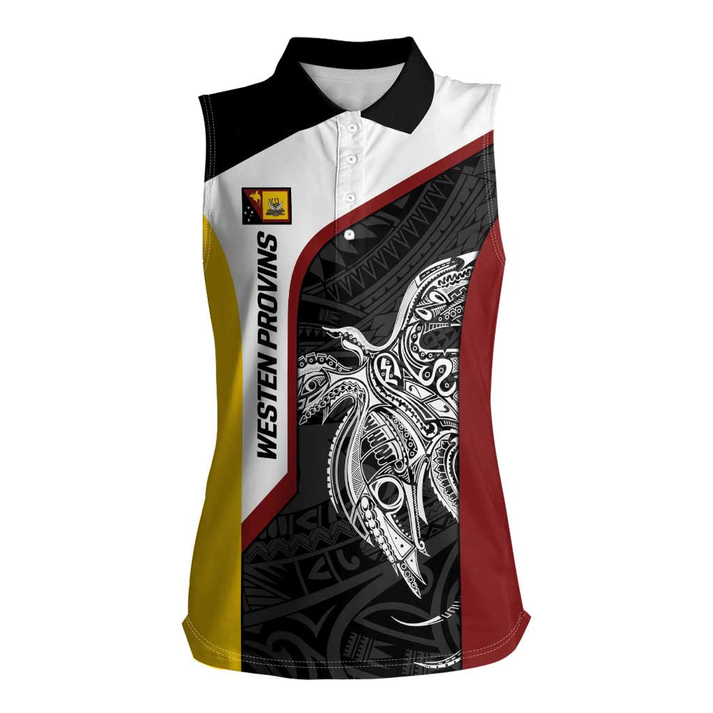 Personalised PNG Western Province Women Sleeveless Polo Shirt Bird of Paradise Tattoo Flag Motif - Polynesian Pride