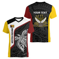 Personalised PNG Western Province Women V-Neck T-Shirt Bird of Paradise Tattoo Flag Motif - Polynesian Pride