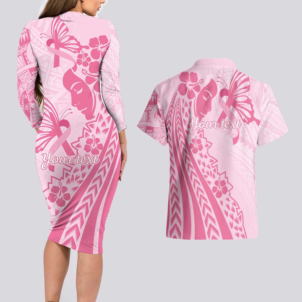Pacific Girl and Butterfly Cancer Ribbon Personalised Couples Matching Long Sleeve Bodycon Dress and Hawaiian Shirt