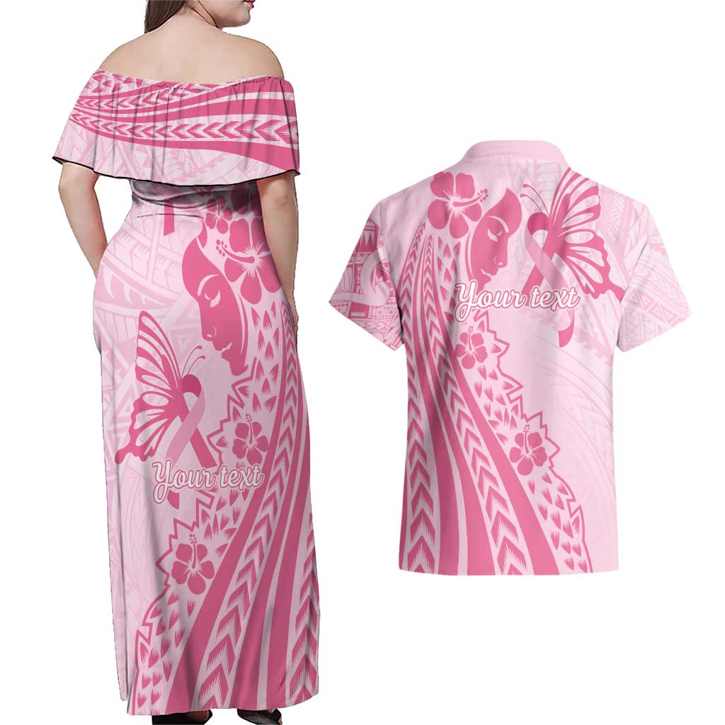 Pacific Girl and Butterfly Cancer Ribbon Personalised Couples Matching Off Shoulder Maxi Dress and Hawaiian Shirt
