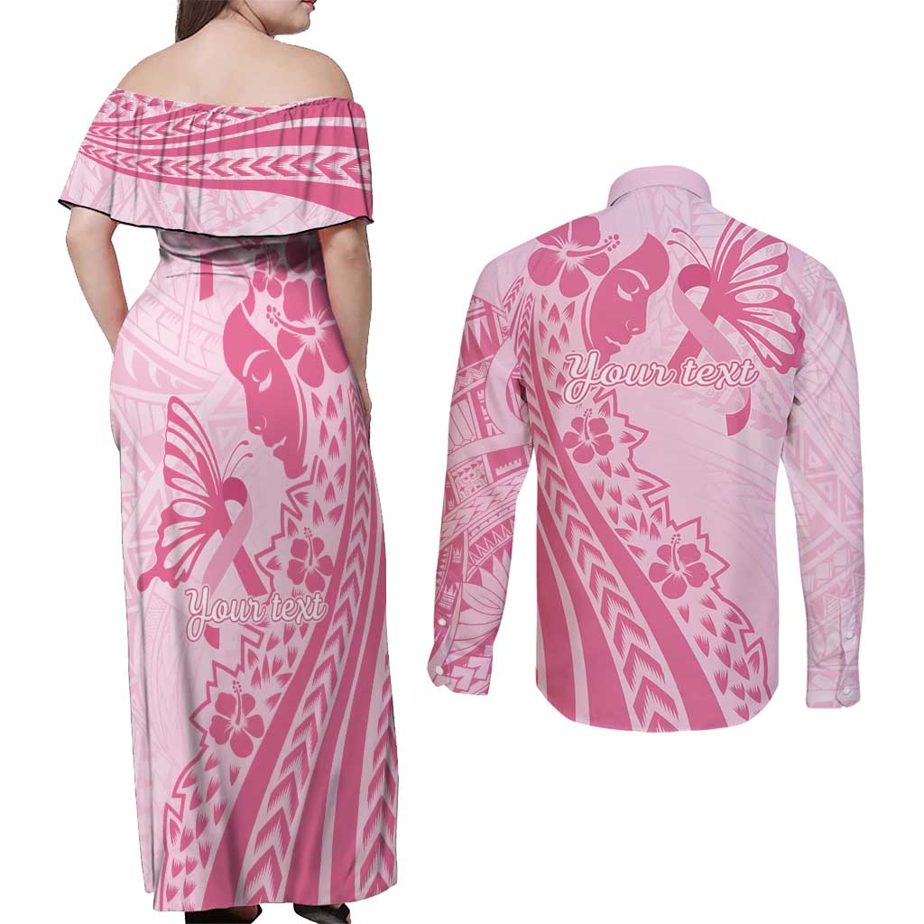 Pacific Girl and Butterfly Cancer Ribbon Personalised Couples Matching Off Shoulder Maxi Dress and Long Sleeve Button Shirt LT9 - Polynesian Pride
