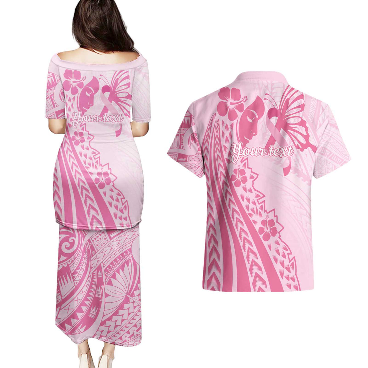 Pacific Girl and Butterfly Cancer Ribbon Personalised Couples Matching Puletasi and Hawaiian Shirt LT9 - Polynesian Pride