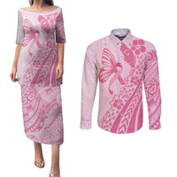 Pacific Girl and Butterfly Cancer Ribbon Personalised Couples Matching Puletasi and Long Sleeve Button Shirt LT9 Pink - Polynesian Pride