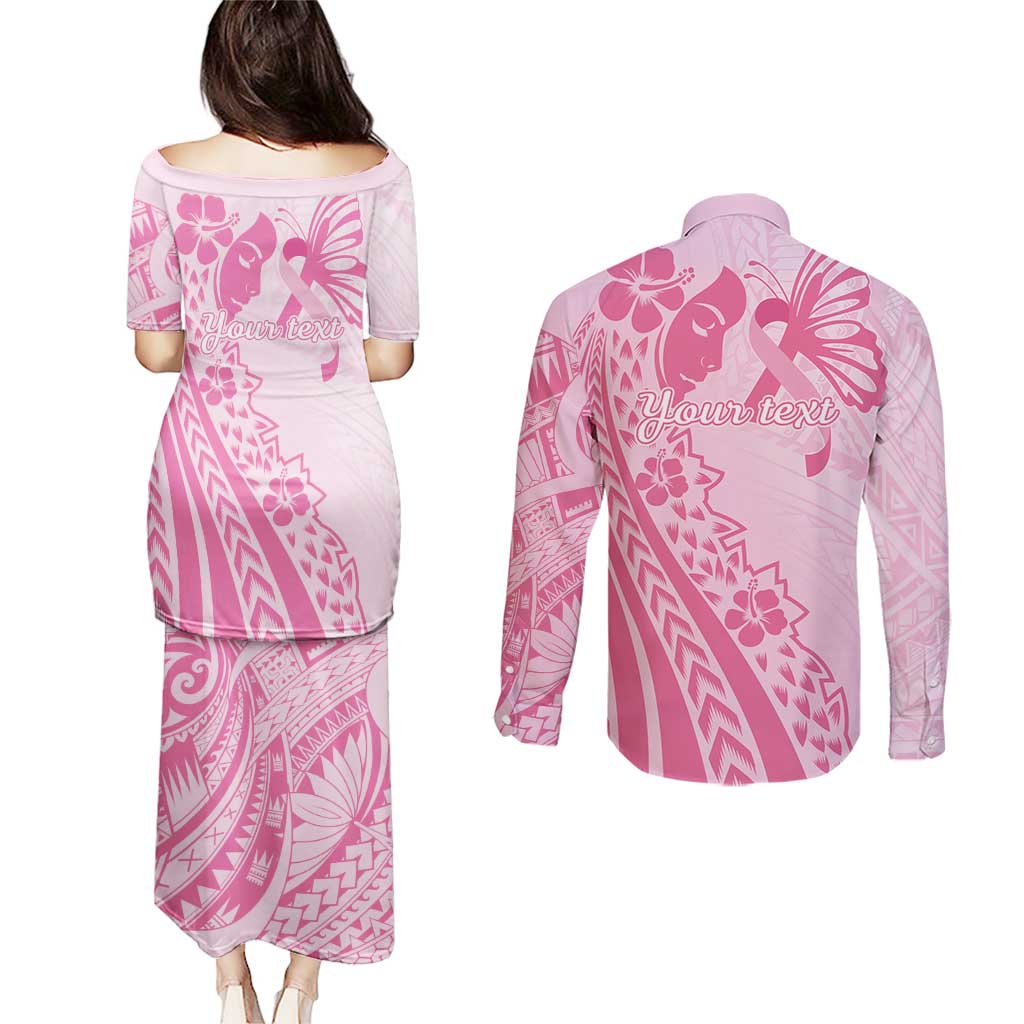 Pacific Girl and Butterfly Cancer Ribbon Personalised Couples Matching Puletasi and Long Sleeve Button Shirt LT9 - Polynesian Pride