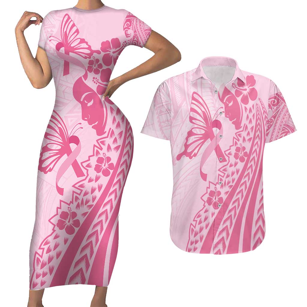 Pacific Girl and Butterfly Cancer Ribbon Personalised Couples Matching Short Sleeve Bodycon Dress and Hawaiian Shirt