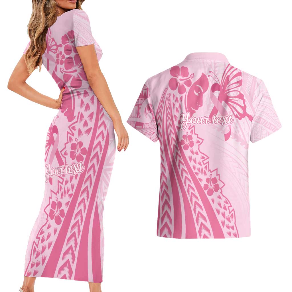 Pacific Girl and Butterfly Cancer Ribbon Personalised Couples Matching Short Sleeve Bodycon Dress and Hawaiian Shirt