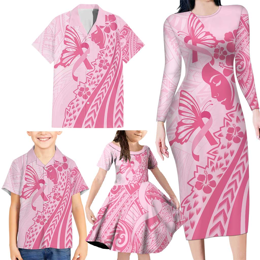 Pacific Girl and Butterfly Cancer Ribbon Personalised Family Matching Long Sleeve Bodycon Dress and Hawaiian Shirt