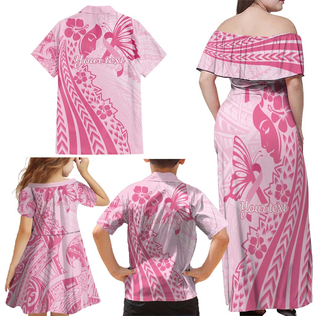 Pacific Girl and Butterfly Cancer Ribbon Personalised Family Matching Off Shoulder Maxi Dress and Hawaiian Shirt LT9 - Polynesian Pride