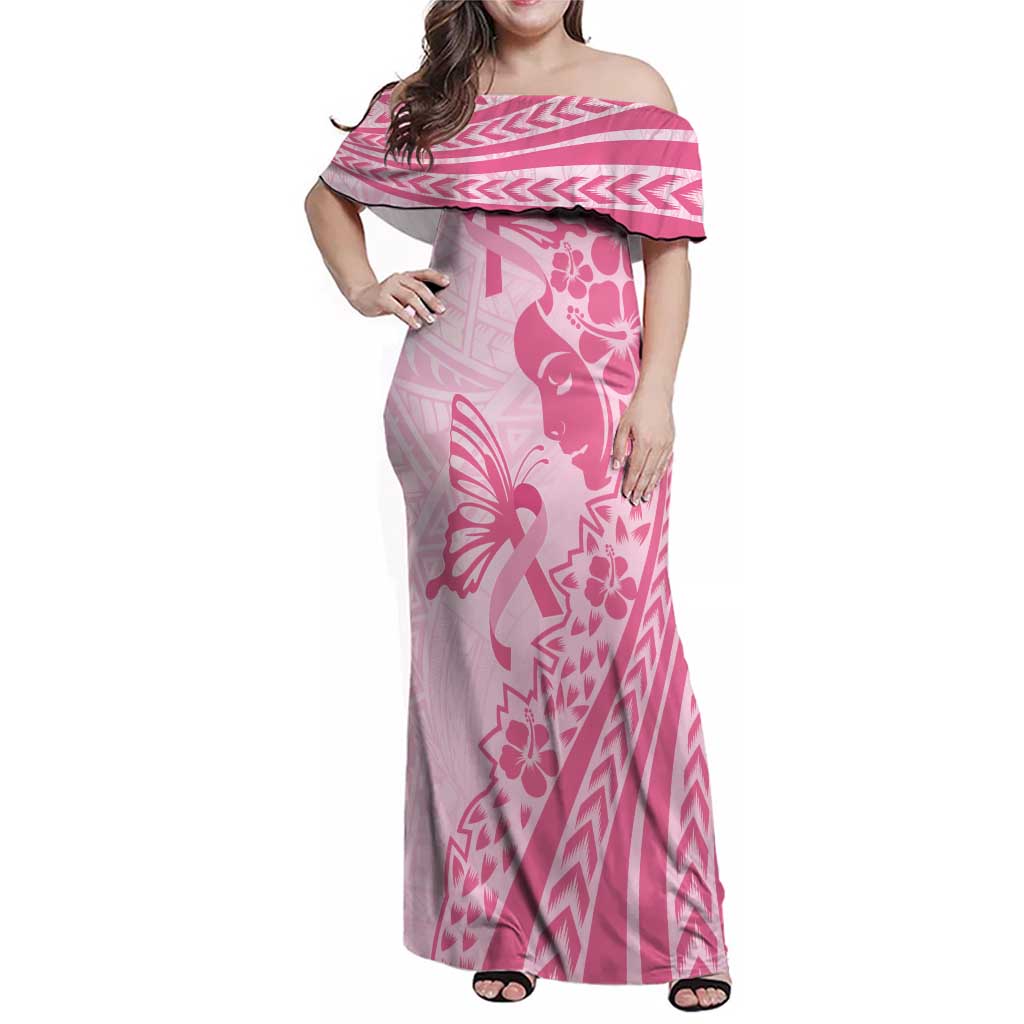 Pacific Girl and Butterfly Cancer Ribbon Personalised Family Matching Off Shoulder Maxi Dress and Hawaiian Shirt LT9 Mom's Dress Pink - Polynesian Pride