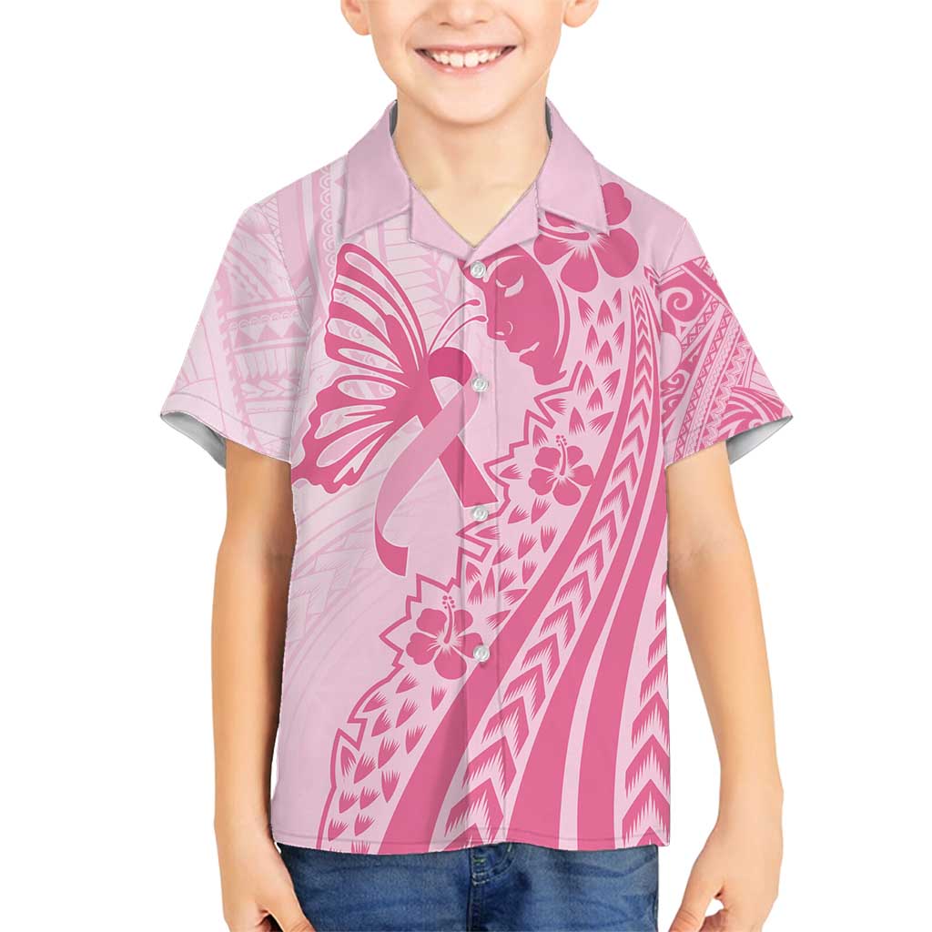 Pacific Girl and Butterfly Cancer Ribbon Personalised Family Matching Off Shoulder Maxi Dress and Hawaiian Shirt LT9 Son's Shirt Pink - Polynesian Pride