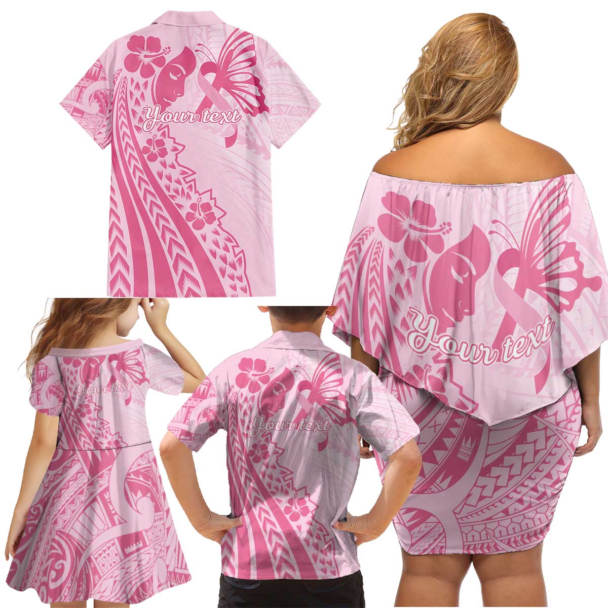 Pacific Girl and Butterfly Cancer Ribbon Personalised Family Matching Off Shoulder Short Dress and Hawaiian Shirt LT9 - Polynesian Pride