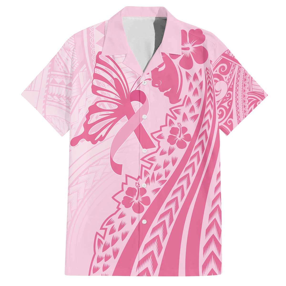 Pacific Girl and Butterfly Cancer Ribbon Personalised Family Matching Off Shoulder Short Dress and Hawaiian Shirt LT9 Dad's Shirt - Short Sleeve Pink - Polynesian Pride