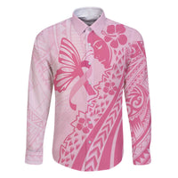 Pacific Girl and Butterfly Cancer Ribbon Personalised Family Matching Off Shoulder Short Dress and Hawaiian Shirt LT9 Dad's Shirt - Long Sleeve Pink - Polynesian Pride