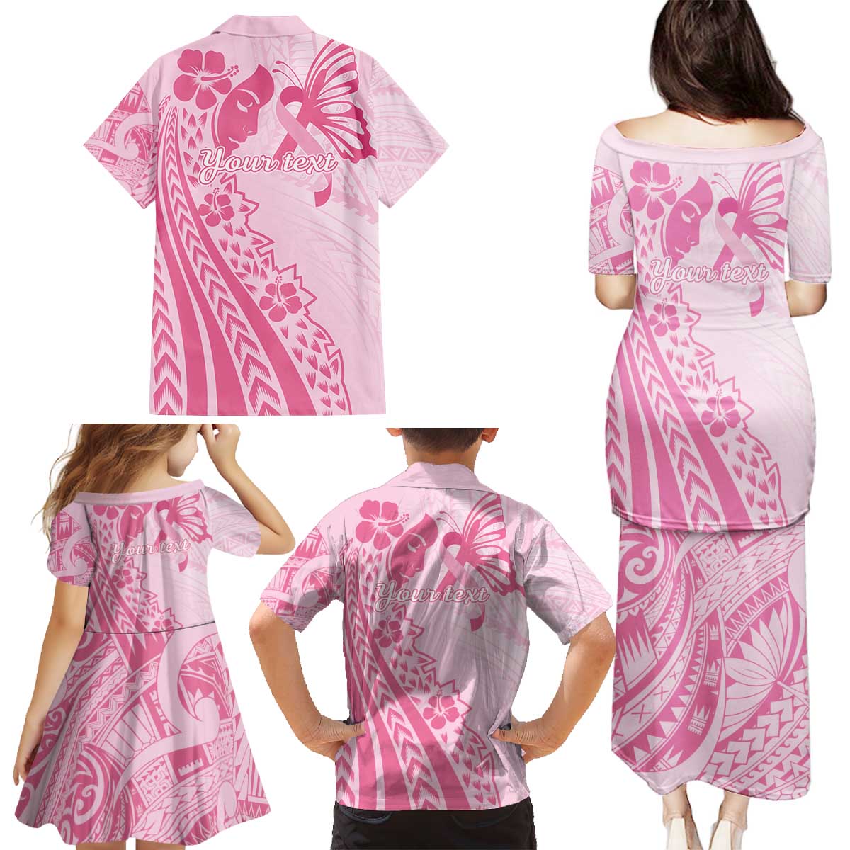 Pacific Girl and Butterfly Cancer Ribbon Personalised Family Matching Puletasi and Hawaiian Shirt LT9 - Polynesian Pride