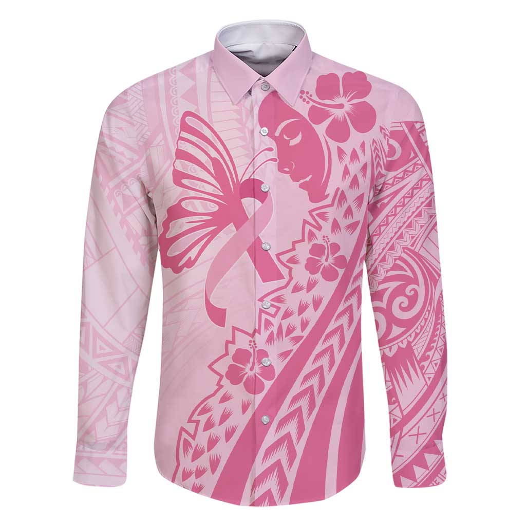 Pacific Girl and Butterfly Cancer Ribbon Personalised Family Matching Short Sleeve Bodycon Dress and Hawaiian Shirt LT9 Dad's Shirt - Long Sleeve Pink - Polynesian Pride