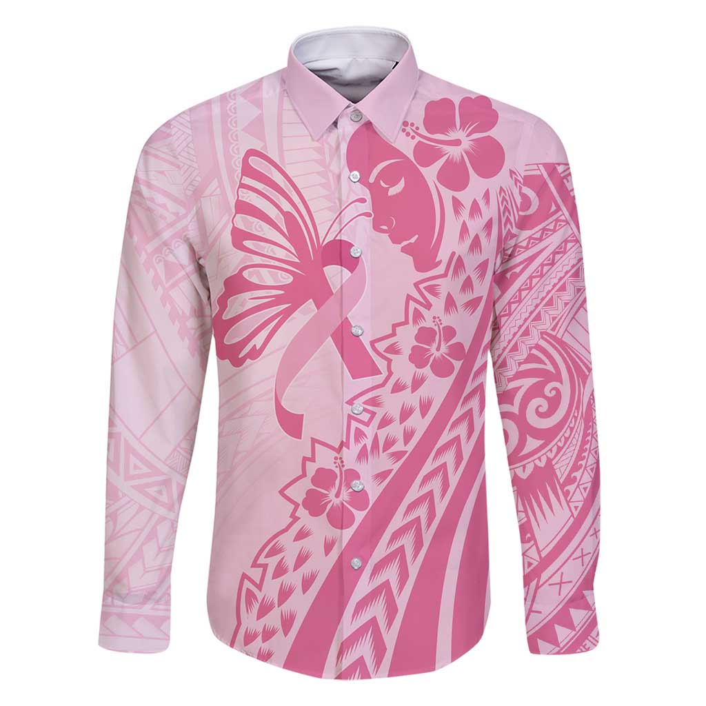 Pacific Girl and Butterfly Cancer Ribbon Personalised Family Matching Summer Maxi Dress and Hawaiian Shirt LT9 Dad's Shirt - Long Sleeve Pink - Polynesian Pride