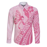 Pacific Girl and Butterfly Cancer Ribbon Personalised Family Matching Summer Maxi Dress and Hawaiian Shirt LT9 Dad's Shirt - Long Sleeve Pink - Polynesian Pride