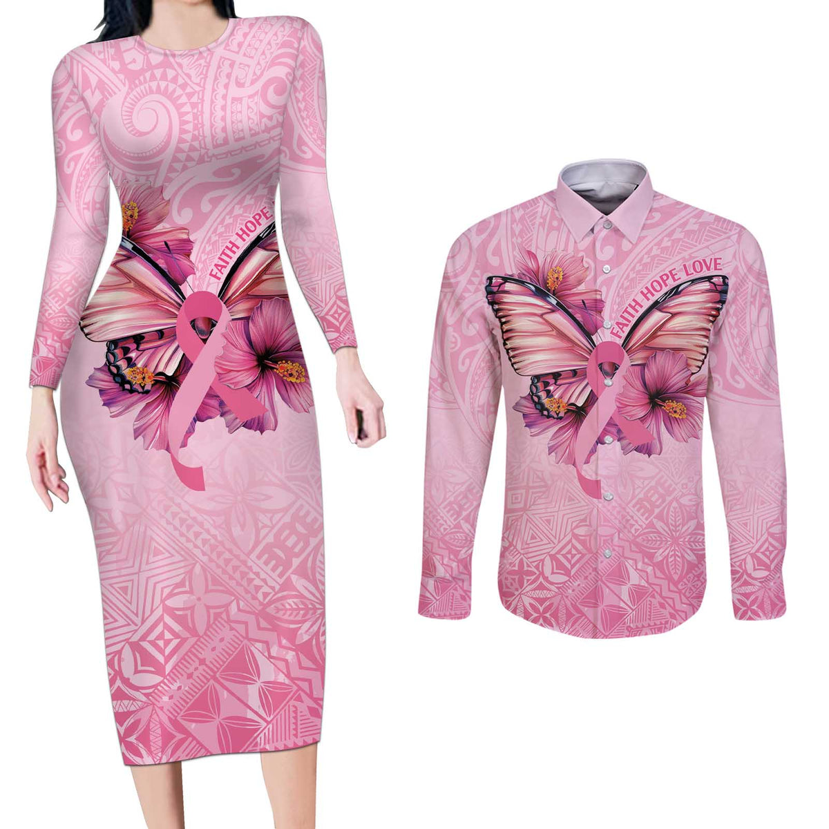 Faith Hope Love Butterfly Ribbon Personalised Couples Matching Long Sleeve Bodycon Dress and Long Sleeve Button Shirt LT9 Pink - Polynesian Pride