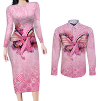 Faith Hope Love Butterfly Ribbon Personalised Couples Matching Long Sleeve Bodycon Dress and Long Sleeve Button Shirt LT9 Pink - Polynesian Pride