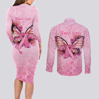 Faith Hope Love Butterfly Ribbon Personalised Couples Matching Long Sleeve Bodycon Dress and Long Sleeve Button Shirt LT9 - Polynesian Pride