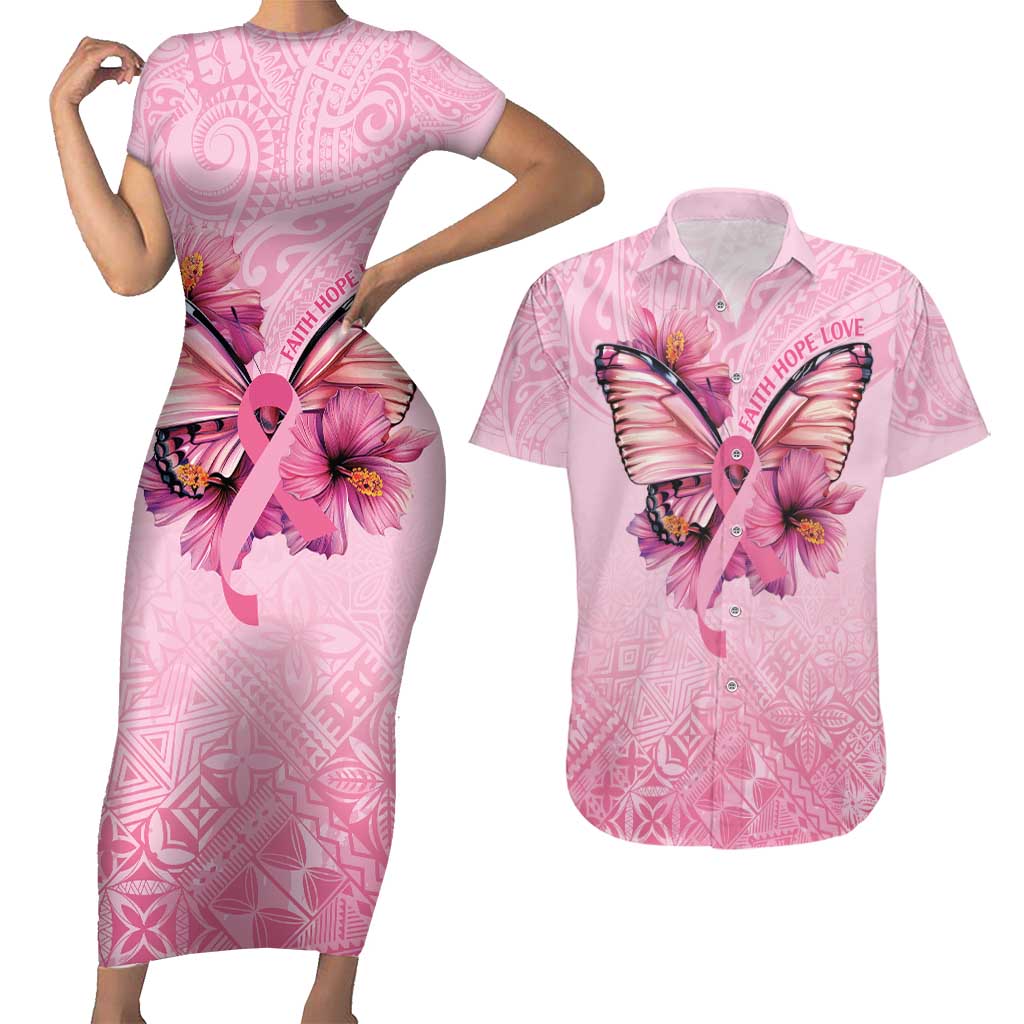 Faith Hope Love Butterfly Ribbon Personalised Couples Matching Short Sleeve Bodycon Dress and Hawaiian Shirt