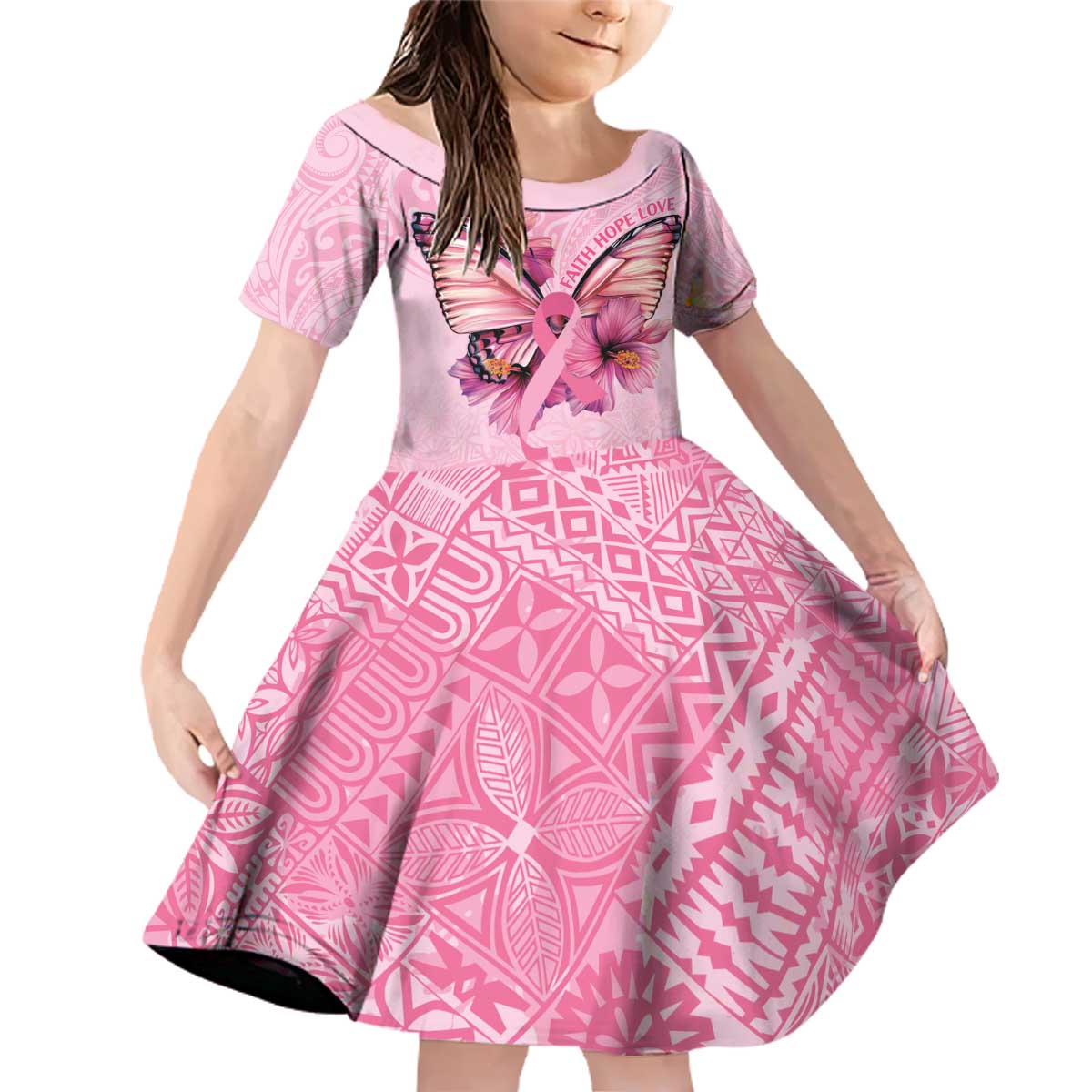 Faith Hope Love Butterfly Ribbon Personalised Family Matching Off Shoulder Short Dress and Hawaiian Shirt LT9 Daughter's Dress Pink - Polynesian Pride