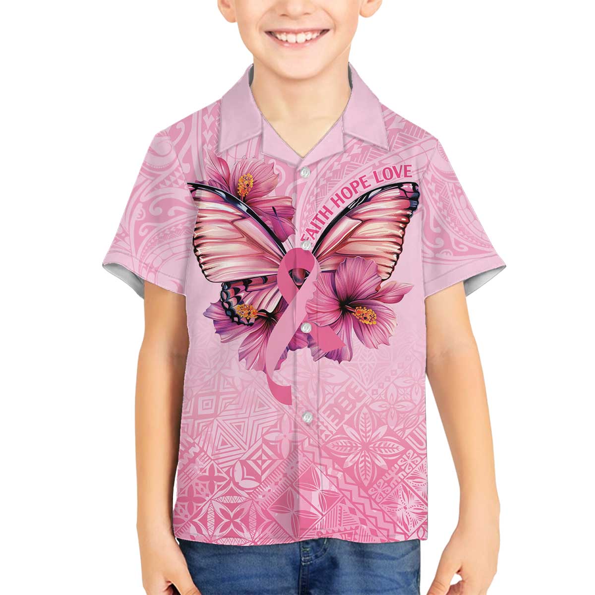Faith Hope Love Butterfly Ribbon Personalised Family Matching Off Shoulder Short Dress and Hawaiian Shirt LT9 Son's Shirt Pink - Polynesian Pride