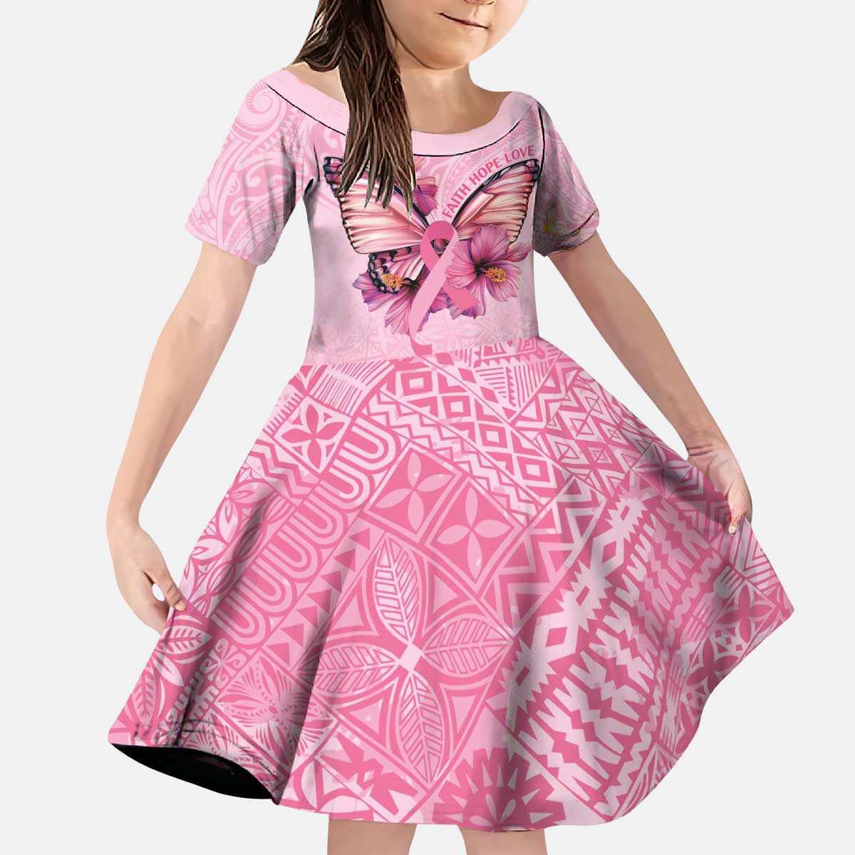 Faith Hope Love Butterfly Ribbon Personalised Family Matching Puletasi and Hawaiian Shirt LT9 Daughter's Dress Pink - Polynesian Pride