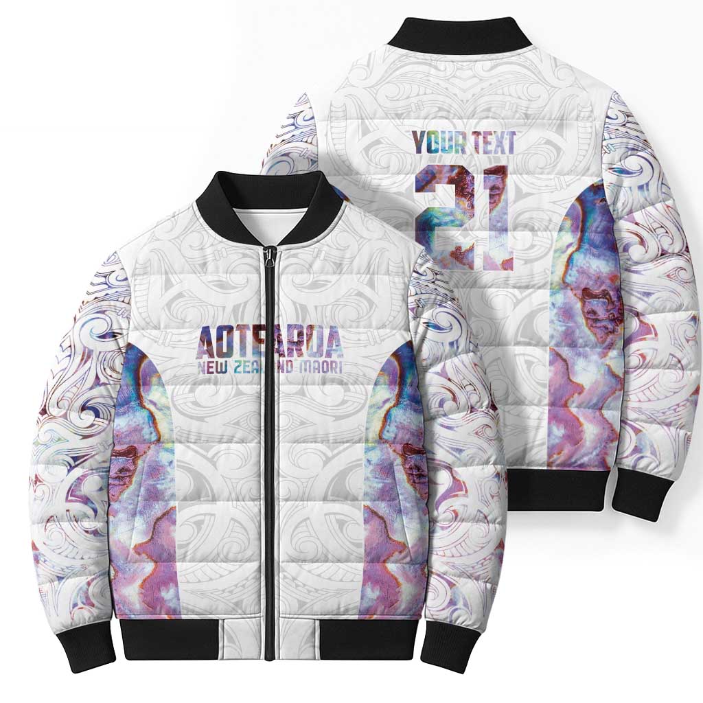 Custom New Zealand Aotearoa Bomber Puffer Jacket Pink Maori Paua Shell Indigenous - Polynesian Pride