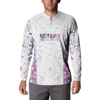 Custom New Zealand Aotearoa Button Sweatshirt Pink Maori Paua Shell Indigenous - Polynesian Pride